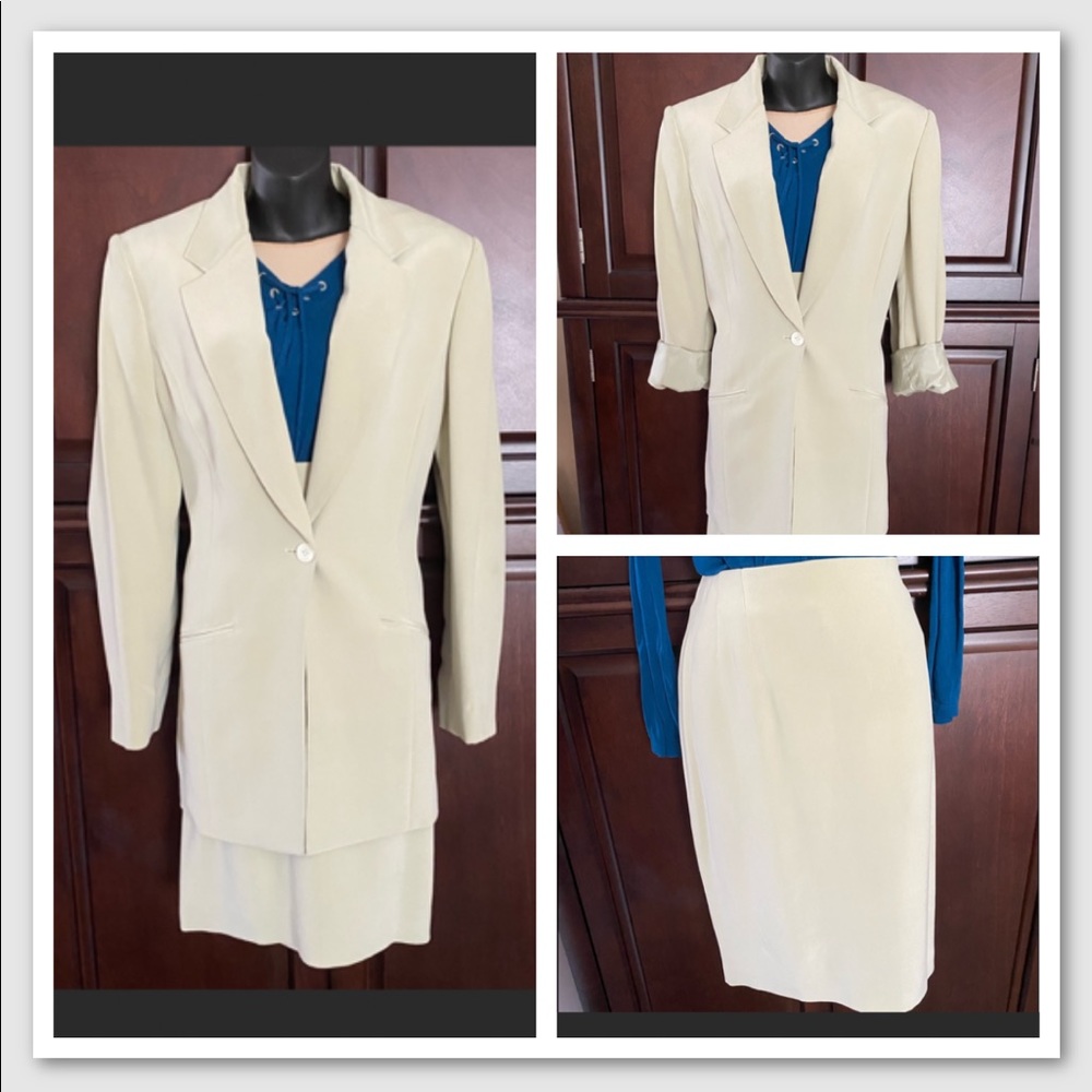 Liz Claiborne SILK Cream/Green 2-pc Suit Sz 12 14